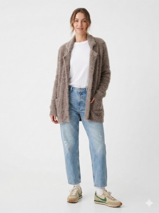 Newbury Kustom Sweaters - Newbury Kustom Taupe Fuzzy Eyelash Longline Collared Cardigan Sweater Size S/M